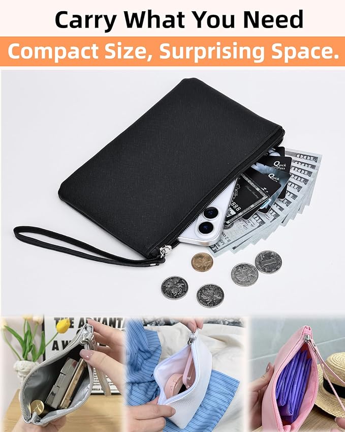 2 Pack Small Zipper Pouch Mini Makeup Bag for Purse Lipstick Cosmetic Travel Make Up Organizer for Women Essentials Feminine Products, Car Change Coin Holder 8x5 Phone Wristlet Wallet, Black, White