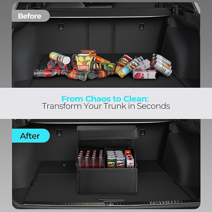 Fyzeoty Car Organizers for Trunk for SUV Sedan, Leather Storage Box, Magnetic Lid, Collapsible and Adjustable, 16.5 inches