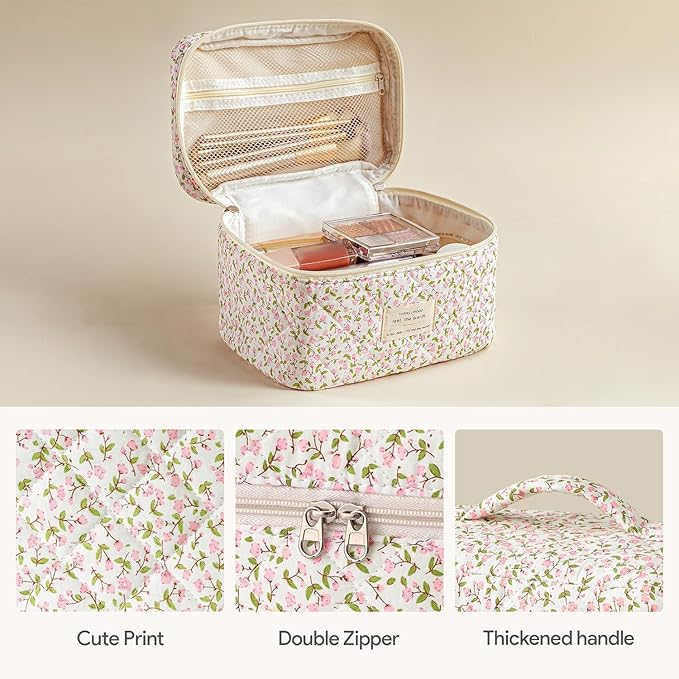 HBselect Quilted Makeup Bag, 3PCS Cotton Large Travel Makeup Bag, Cute Floral Coquette Make up Bag Cosmetic Bag Toiletry Bag for Women Girls