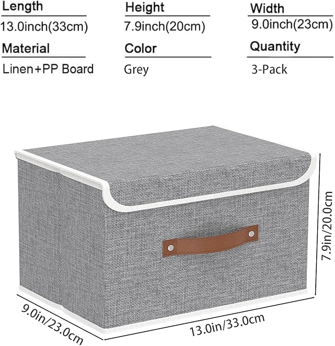 Yawinhe Collapsible Storage Boxes, Foldable Bin with Lids, Cube Clothes Organizer Basket with Handles, Grey, 13.0''L x 9.0''W x 7.9''H, 3-Pack, SNK024GS-3