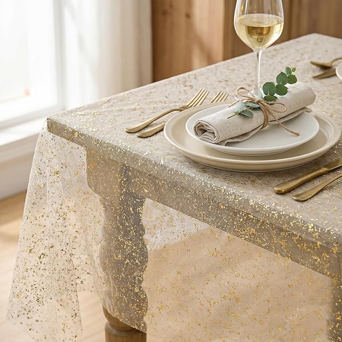 Horaldaily Apricot Gauze Tablecloth 60x140 Inch Rectangular, Golden Sequin Glitter Metallic Foil, Sheer Tulle Cheesecloth for Wedding Baby Shower Ceremony Birthday