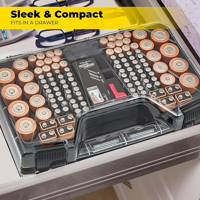 Battery Daddy Storage & Organizer Case w/Tester, Stores & Protects Up to 180 Batteries, Double-Sided, Clear Locking Lid, Secure Latches & Portable Carrying Handle - Charcoal (Batteries Not Included)