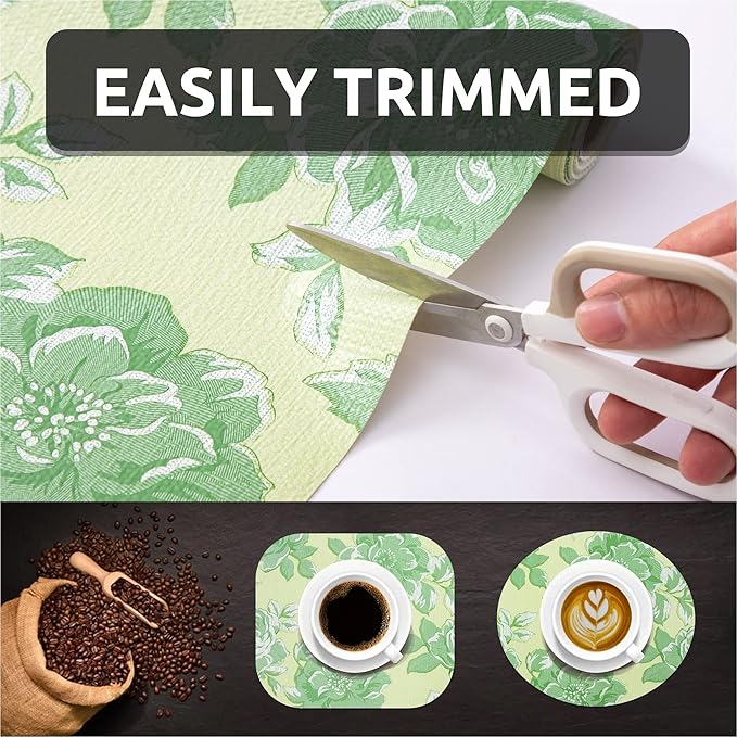 FIFTY FEET 12X120 Inch Shelf Liner for Kitchen Cabinets, PVC Drawer Liner for Dresser Non-Slip Bathroom, Non-Adhesive Cabinet Liner Washable (Green Flower)(2 Roll)