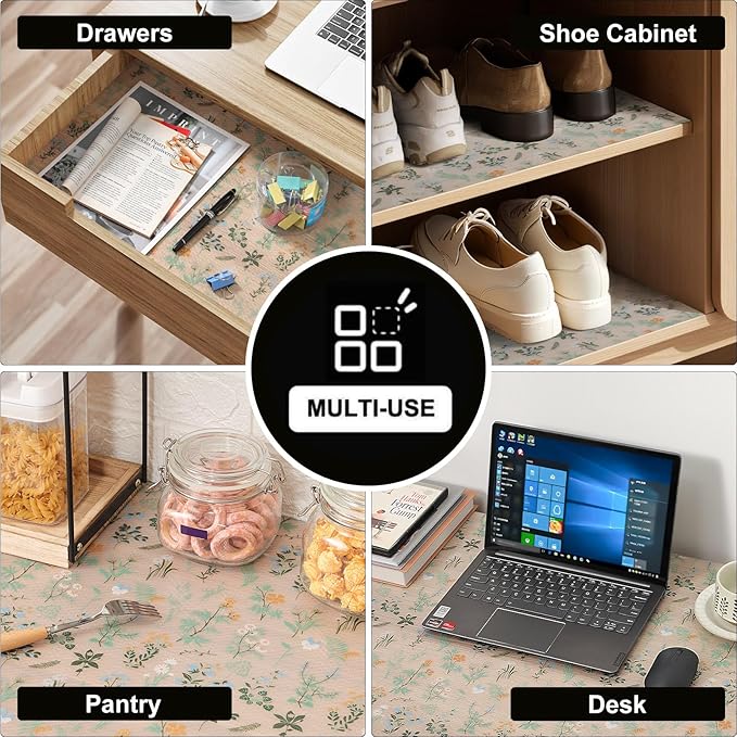 INNOLITES Shelf Liners for Kitchen Cabinets – Drawer Liner Waterproof & Oil-Proof, Non-Adhesive EVA with Floral Pattern – Durable Washable, Easy to Cut (Sage Green, 23.6" x 240")