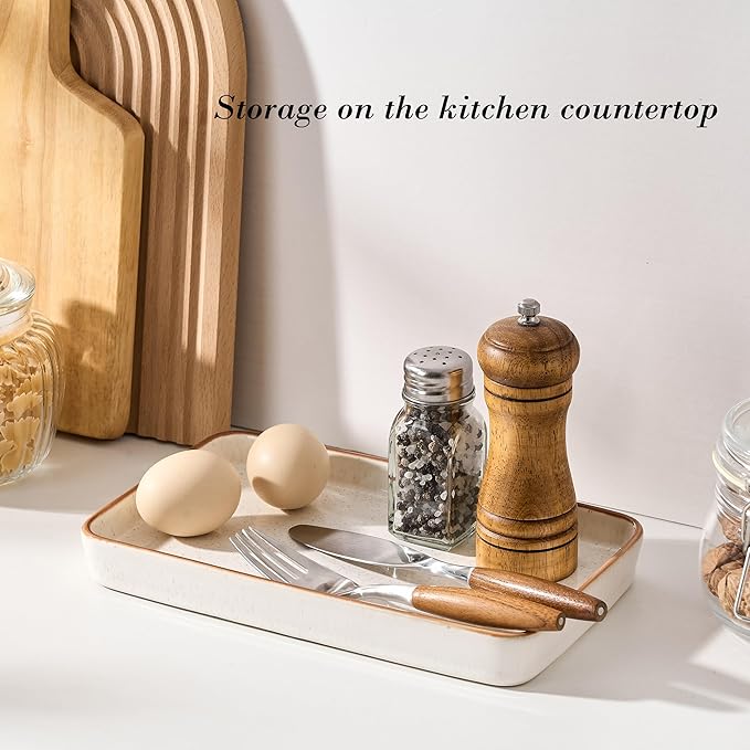 10"×6"×1" Bathroom Vanity Tray for Countertop- Ceramic Decorative Organizer Tray for Dresser Tops, Toilet, Perfume, Sponge Holder Soap Dish Dispenser for Kitchen Counter- Reactive White