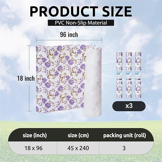 18X96 Inch Shelf Liner for Kitchen Cabinets, PVC Drawer Liner for Dresser Non-Slip Bathroom, Non-Adhesive Cabinet Liner Washable (Purple Floral)(3 Roll)