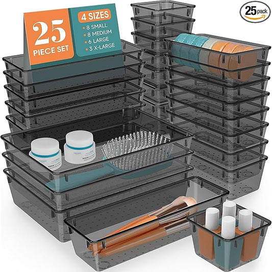 25 PCS Drawer Organizer Set, 4 Varied Size Bathroom and kitchen Drawer cabinet organizer Trays, Clear Storage Bins for Makeup, Jewelry, Utensils and Gadgets，Black