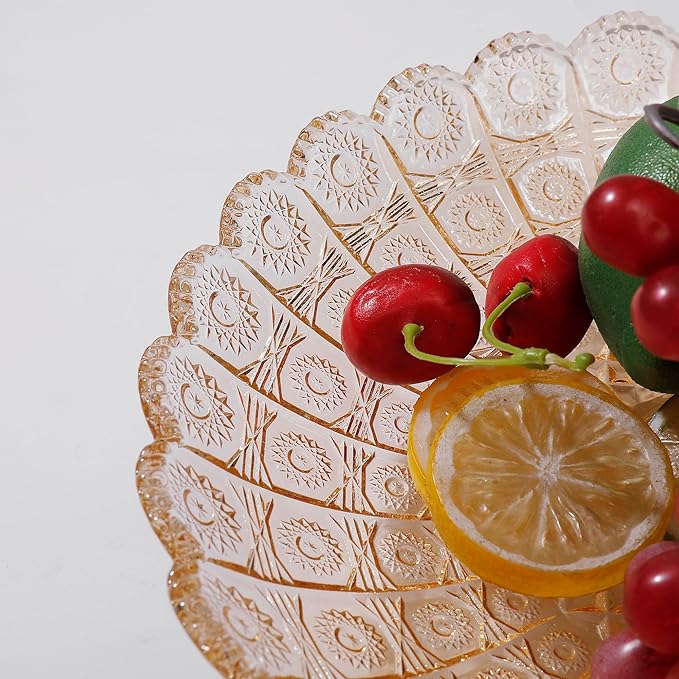 Unique Gold Flower-Shaped Crystal Glass Decorative Footed Bowl - 10.6 inch Diameter, Tabletop Fruit Plate, Dessert Plate, Cake Plate, Candy Tray, Wedding Home Decor.