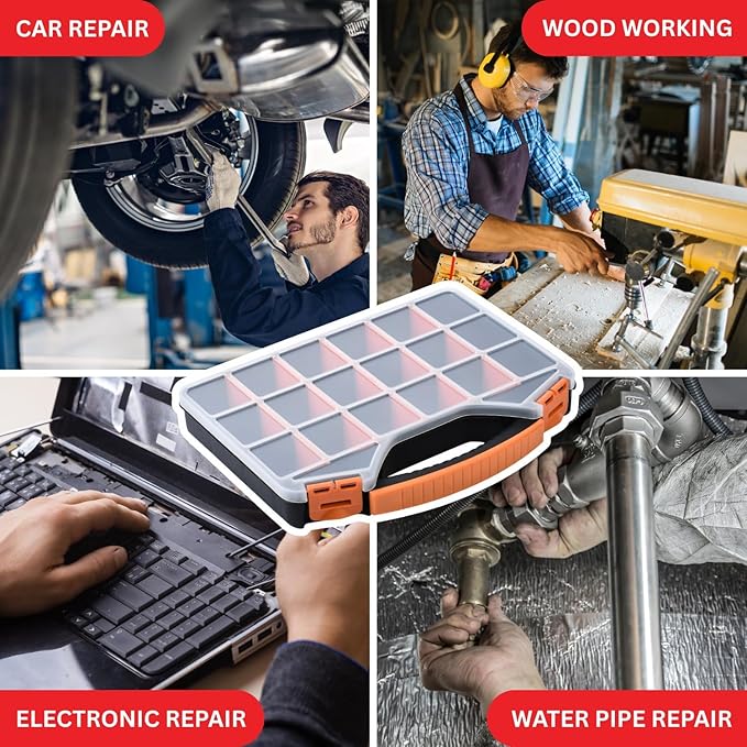 Andalus Tools Organizer Box, Small Parts Storage 18-Compartment Portable Hardware Organizer Removable Plastic Dividers for Screws, Nuts, Bolts, Nails – Orange (2 Pack, 12.75" x 10" x 1.75")