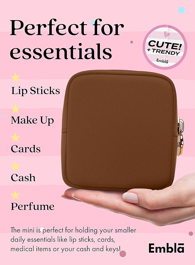 Embla Makeup Bag Travel Cosmetics Pouch and Toiletry Bag, Nylon Zipper Pouch Purse, Cute Make Up Organizer Storage Tote for Women Girls, Waterproof Travel Skincare Case, Small Makeup Bags, Chocolate