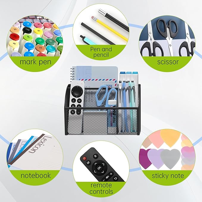 YINGHUA Magnetic Pen Holder for Whiteboard and Refrigerator 3 Compartments Metal Mesh Organizer Space Saving Shelf for Office School Home and Locker - Black