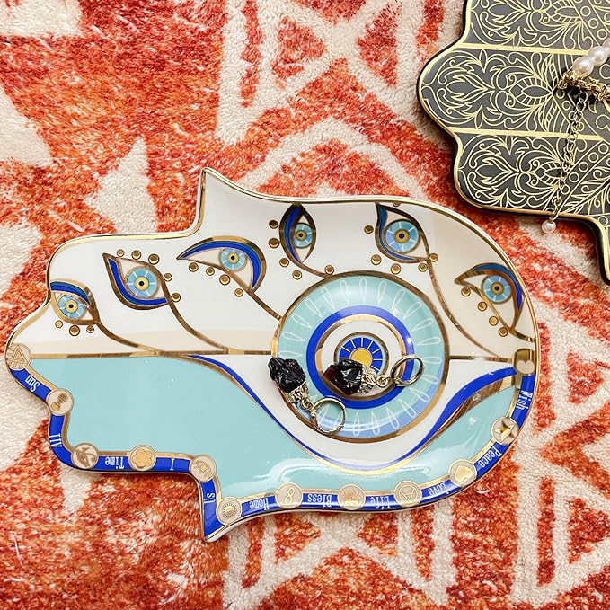 Exquisite Small Ceramic Jewelry Tray - Trinket Dish Evil Eye Decor, Gold Plate Ring Holder, Modern Boho Home Essentials, Perfume Organizer, Witchy, Aesthetic Room Decor (Blue Hamsa)