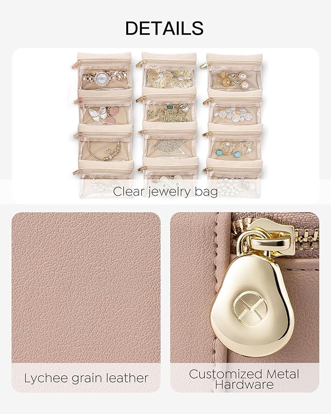 Vlando Jewelry Travel Case, Travel Jewelry Organizer with Clear Velvet Jewelry Bags 12Pcs Zipper Pouch for Women Wedding Gifts for Friends Sister-Khaki