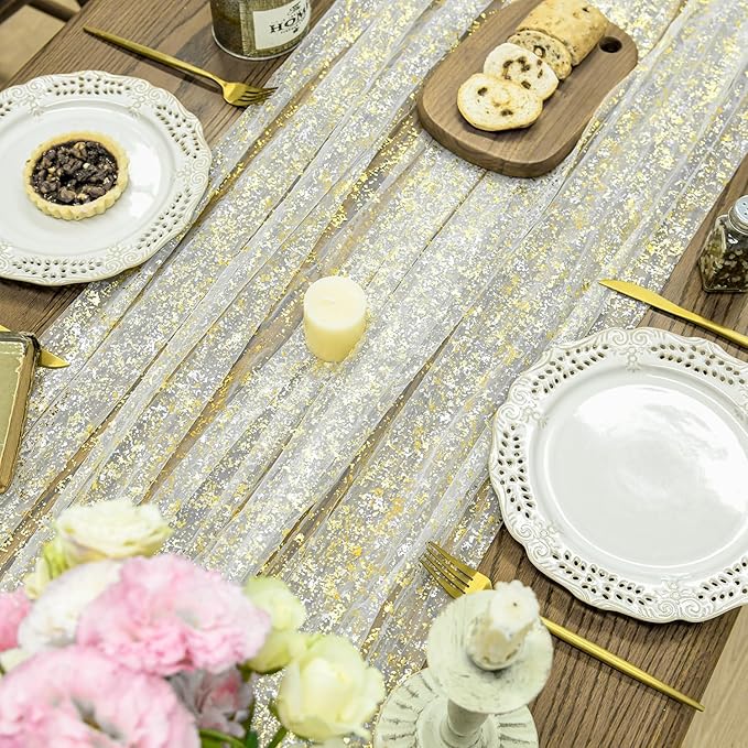 Horaldaily Beige Gold Gauze Tablecloth 60x120 Inch Rectangular, Golden Sequin Glitter Metallic Foil, Sheer Tulle Cheesecloth for Wedding Baby Shower Ceremony Birthday