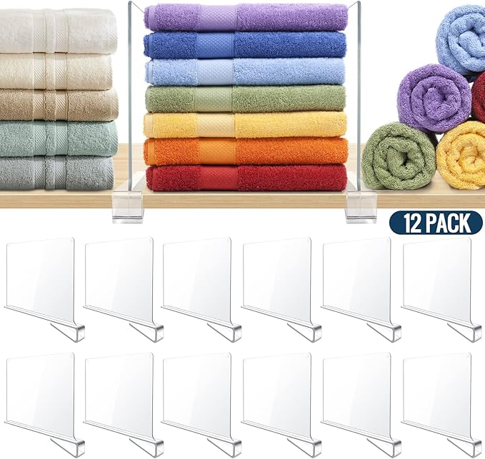 12 Pack Clear Acrylic Shelf Dividers for Closet Shelf Organizer in Bedroom, Kitchen, Office, and Bathroom for Clothes, Books, Hats, and Handbags