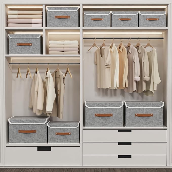 Yawinhe Collapsible Storage Bin, Cube Organizer Basket, Fabric Box with Lids, Washable and Leather Handle, for Home, Closet, Grey, 15.0''Lx9.8''Wx9.8''H, 1-Pack, USNK024GL-1