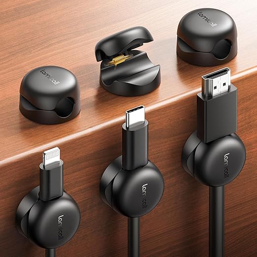 Lamicall Cable Clips, Spring Cord Organizer Holder - 6-Pack Compact Desk Cable Management Clips, Nightstand Phone Charging Cord Holder, 8mm Slot Adhesive Wire Organizer, Desk Office Accessory