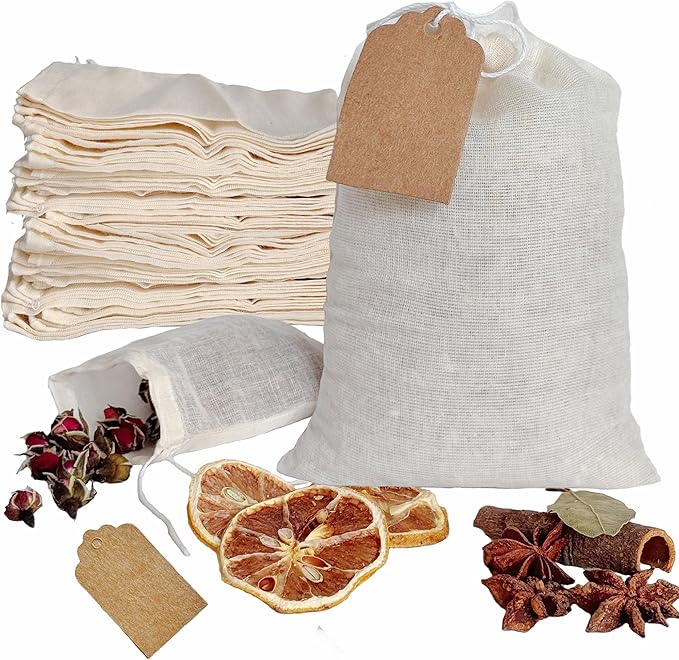 20Pcs 4 x 6 Inch Muslin Cotton Drawstring bags and Gift Tags Reusable Reusable Tea Bags, Produce Bags, Cooking Soup, Jewelry Pouch for Party Wedding Home Storage