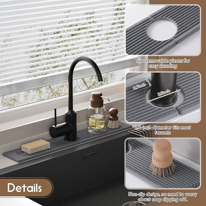Faucet Mat for Kitchen Sink, Diatomite Quick Drying Tray, 15.8 Inch Kitchen Sink Splash Guard and Bathroom Stone Tray for Counter. Super Absorbent. Deep Grey.