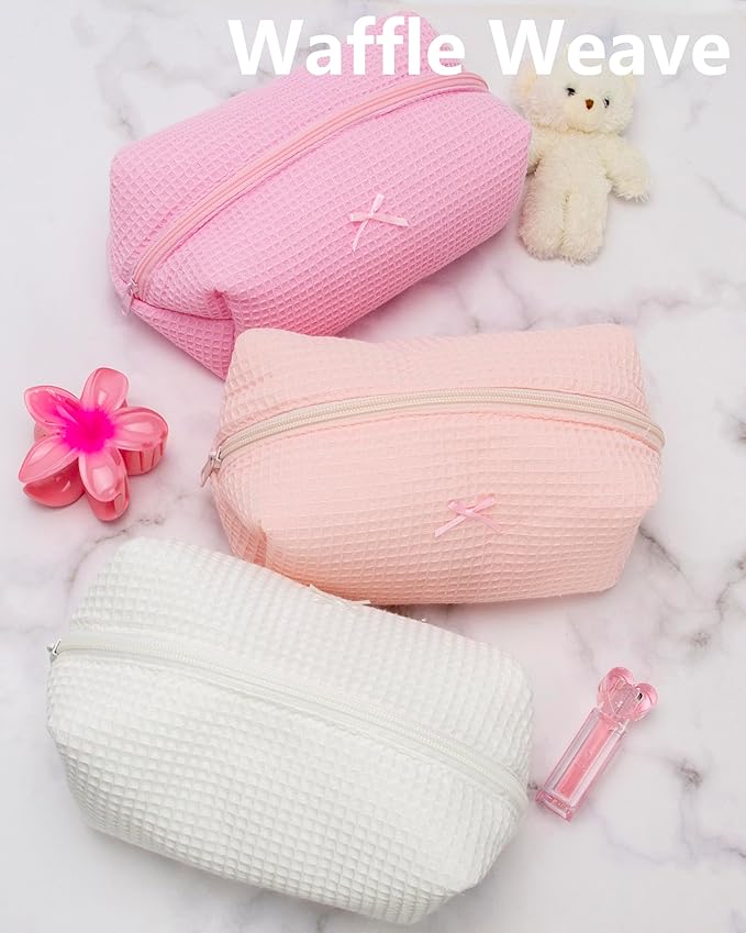 6PCS Cozy Makeup Bag Travel Cosmetic Bag for Women Soft Toiletry Bag Aesthetic Makeup Organizer Portable Large Zipper Pouch for Skincare Beauty Accessories Brushes Waffle Check Light Pink