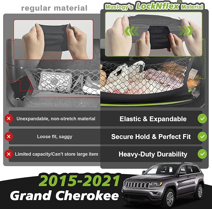 Muslogy Envelope Style Trunk Cargo Net Compatible with 2015-2021 Jeep Grand Cherokee Accessories Custom Fit Trunk Organizer Upgraded Mesh Storage Luggage Net with Metal Hooks (WK2 ONLY)