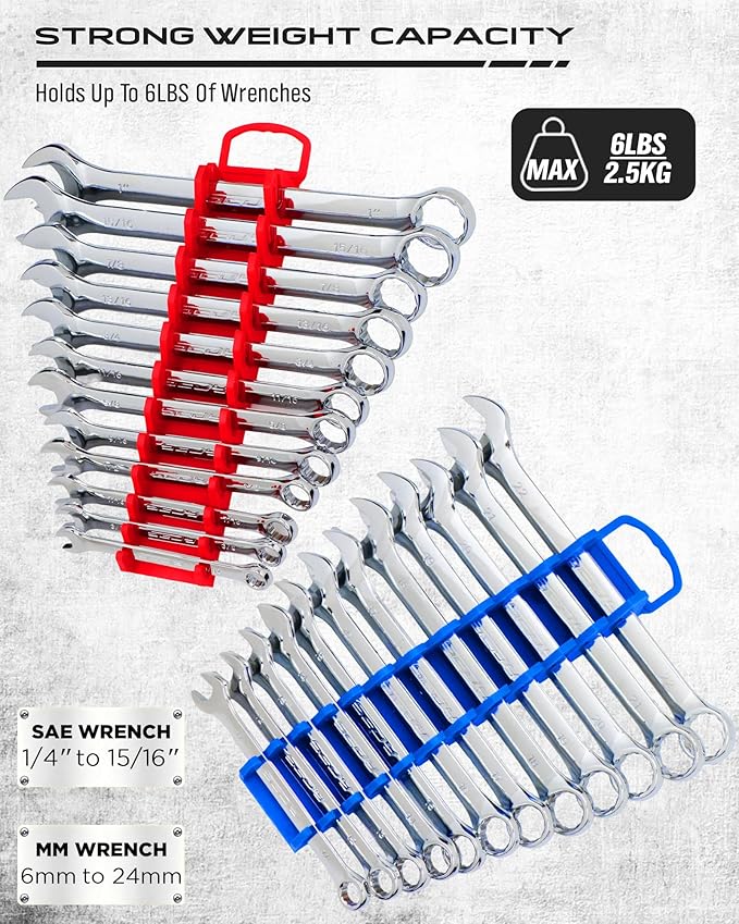 2-Pack Magnetic Wrench Organizer Set, 24-Slot Premium Wrench Rack Holder with Non-Slip Carry Handle for Tool Box Drawer Wall Storage, SAE (1/4'' to 15/16'') & Metric (6mm to 24mm)