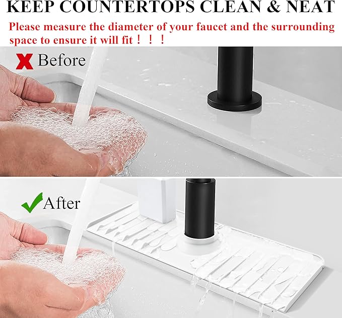 Sink Splash Guard 14.4” x 5.4” - Sink Faucet Mat with Faucet Water Catcher Mat & Soap Dish & Sponge Holder 3 in 1 - Silicone Faucet Handle Drip Catcher Tray for Kitchen RV & Bar Faucet, Clear