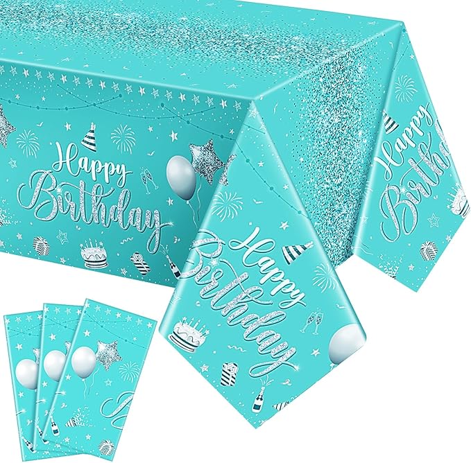 Tudomro 3 Pcs Happy Birthday Tablecloths Happy Birthday Party Decorations Plastic Table Cover Rectangular Cloths for Women Men Baby Shower Party Supplies, 108 x 54 Inch (Teal)