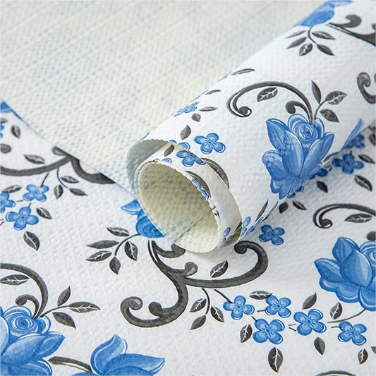 FIFTY FEET 18X96 Inch Shelf Liner for Kitchen Cabinets, PVC Drawer Liner for Dresser Non-Slip Bathroom, Non-Adhesive Cabinet Liner Washable (Blue Floral)(6 Roll)