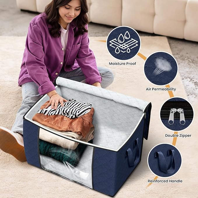 Fab totes 24 Gallons Clothes Storage, Foldable Thick Fabric Blanket Storage Bags, Containers for Organizing Bedroom, Closet, Clothing, Comforter, Organization with Handle (10 Pack, Blue)
