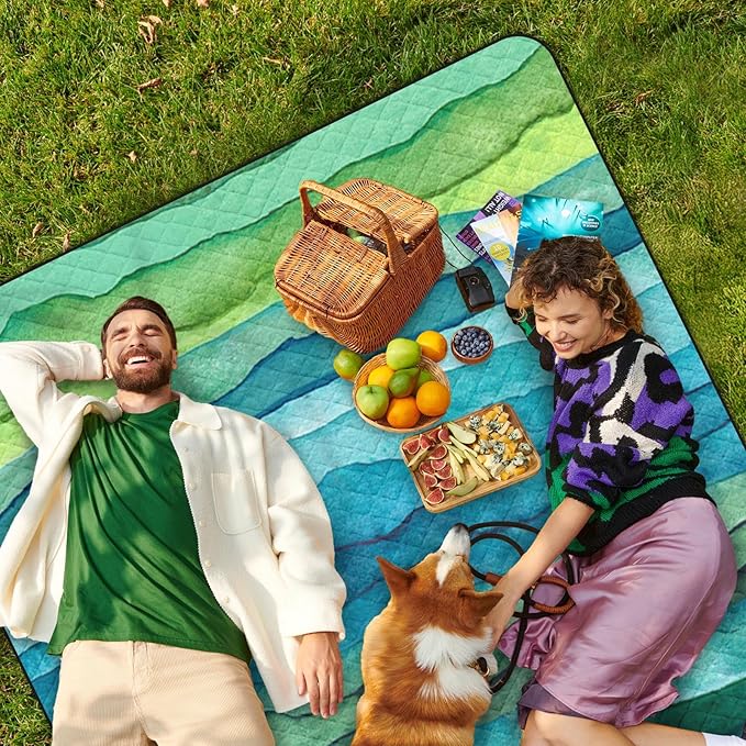 Waterproof Picnic Outdoor Blanket, 79" x 59" Sandproof Foldable Large Picnic Blanket for Beach, Camping, Park, Travel, Concert, Great Gift for Families and Couples (Green Waves)