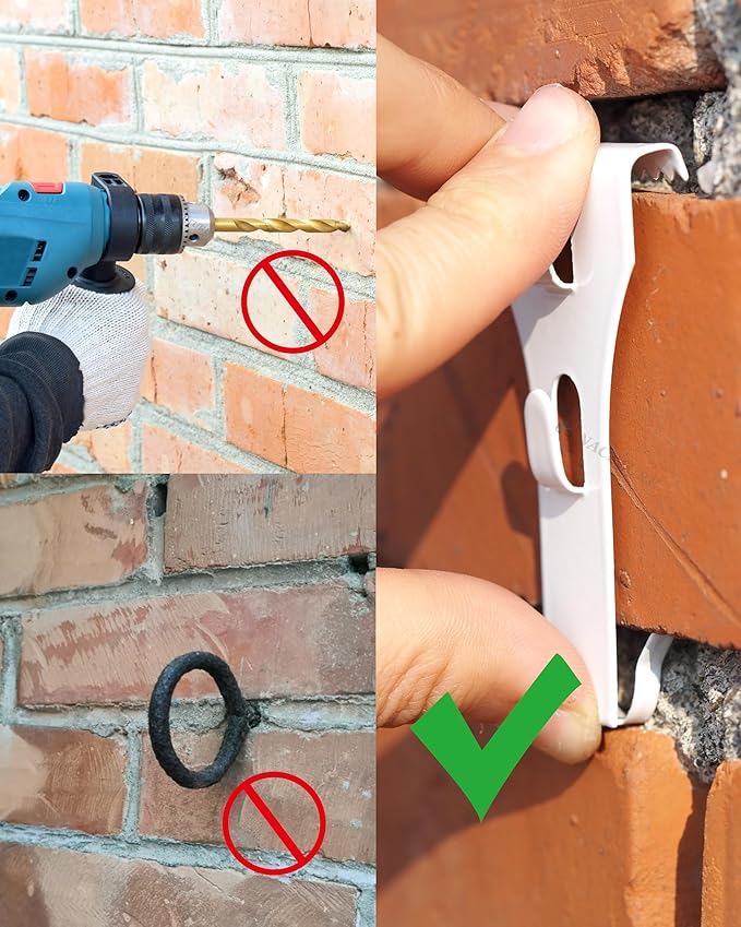 NACETURE Brick Hook Clips (4 Pack) – No-Drill Brick Hangers for 2.25"–2.40" Bricks, Require ≥1/8" Mortar Recess, Holds up to 25 lb – Outdoor Wreath & Light Clips