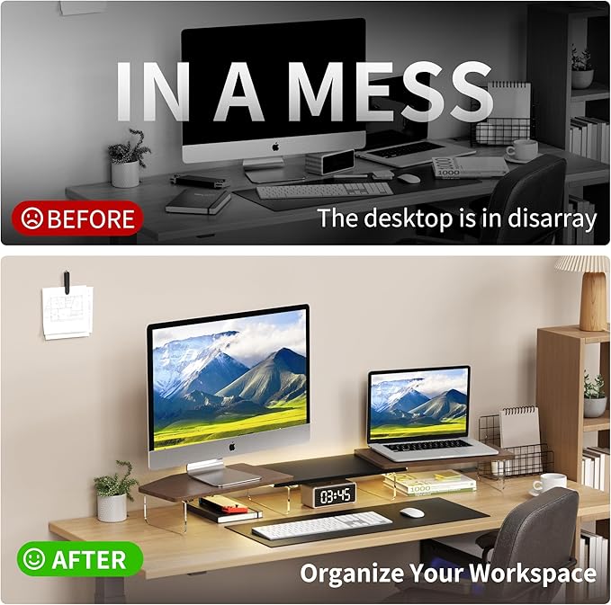 LED Dual Monitor Stand Riser for 2 Monitors,Office Desktop Wooden Stand Adjustable Length and Angle 3 Shelf,Extra Long Multifunctional Stand up to 44.4" for Computer,Laptop,TV,Walnut Finish