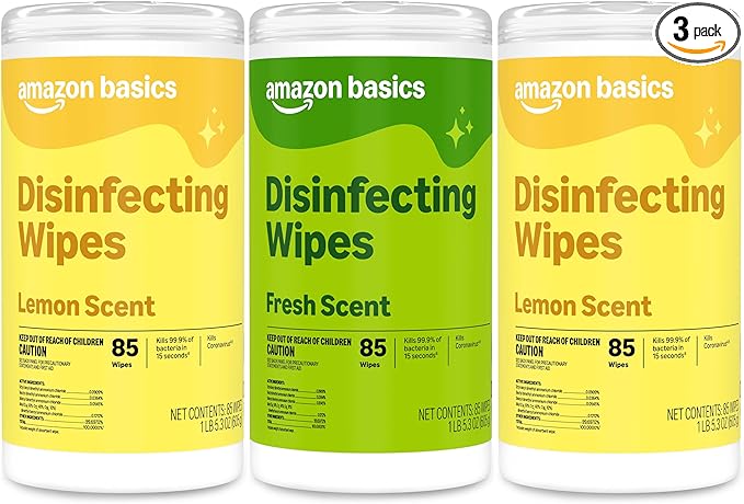 Amazon Basics Disinfecting Wipes, Lemon & Fresh Scent, Sanitizes, Cleans, Disinfects & Deodorizes, 255 Count (3 Packs of 85), Packaging May Vary