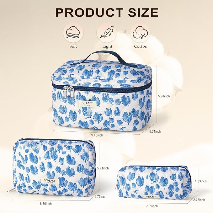 TOPEAST Christmas Gifts for Women Girls - 3Pcs Makeup Bag Large Cotton Travel Makeup Bags, Cute Quilted Floral Cosmetic Organizer Portable Brushes Toiletry Bag Set, Blue Floral
