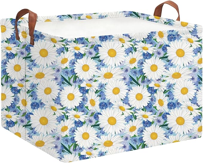 Rectangle Storage Basket with Handles,Collapsible Storage Bin,Books Box,Gift Basket(Blue Daisy)