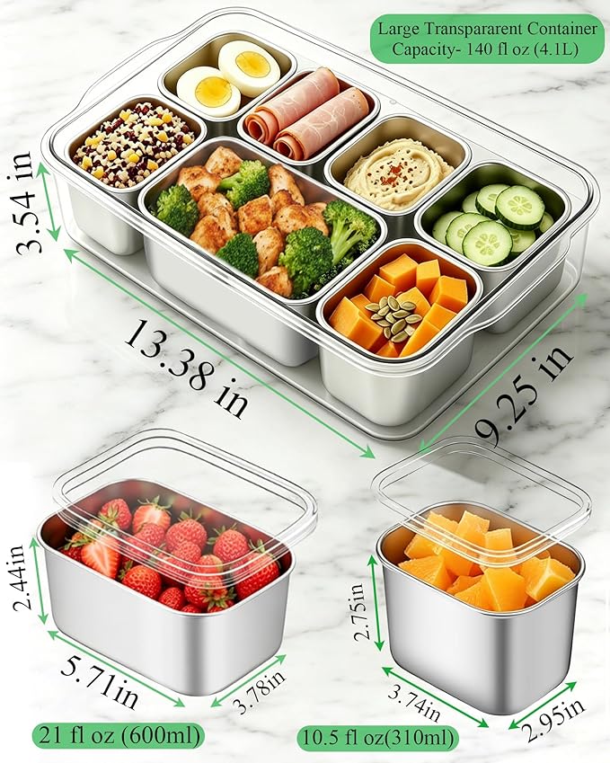 Snackle Box Container, Stainless Steel Divided Serving Tray with Lid and Handle, Large Snack Tray for Fruit Veggie Candy, 7-Compartment Snack Platter for Travel Party Beach Picnic