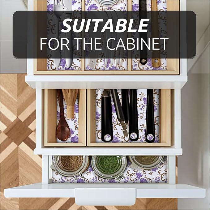18X96 Inch Shelf Liner for Kitchen Cabinets, PVC Drawer Liner for Dresser Non-Slip Bathroom, Non-Adhesive Cabinet Liner Washable (Purple Floral)(3 Roll)