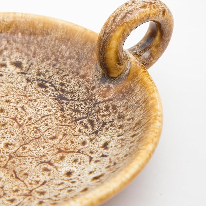 1pack Vintage Ceramic Candle Holders with Handle, Round Farmhouse Ceramic Plate Tray,Sage Holder for Burning,Incense Holder for Meditation Room Home Decor (Khaki)