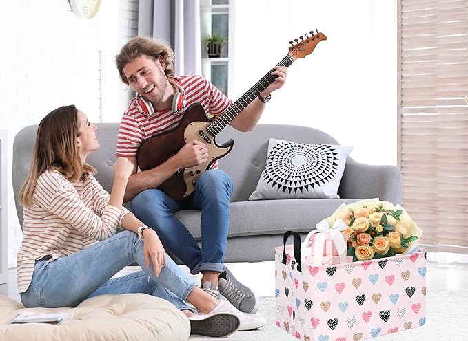 KUNRO Rectang Heart Valentine's Storage Basket Gift Shelf Basket Storage Bin, Nursery Basket Organizer Box for With Handles for Room Deco