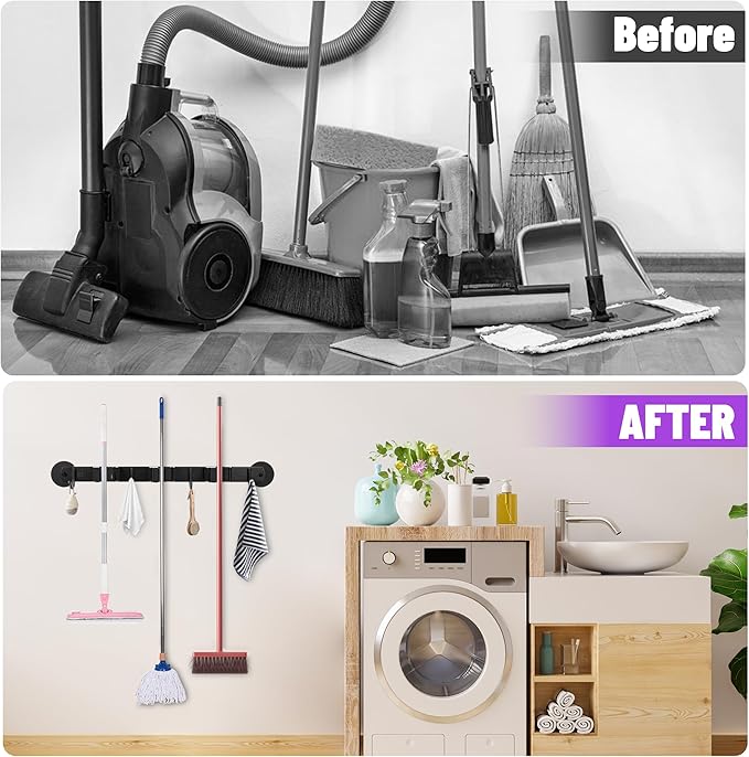 Magnetic Broom Holder Wall Mount - Heavy Duty Non-Slip Mop Hanger with 4 Hooks And 3 Rack, No Drill Tool Organizer for Refrigerator,Garage,Laundry Room (Black, 3Racks 4Hooks)