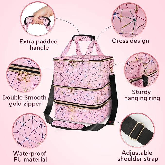 Nail Polish Organizer Bag Holds 84 Bottles & Nail Lamp, 3 Layers Nail Kit Storage Carrying Case Pu Leather, Large Nail Supplies Organizer With Shoulder Strap, Portable Travel Nail Bag, Pink
