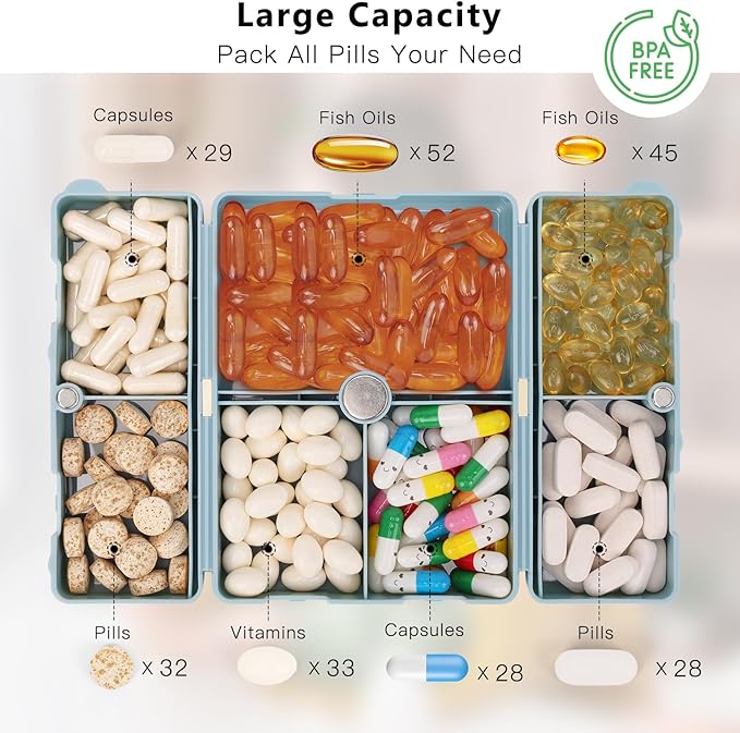 FYY Daily Pill Organizer,2 Pcs 7 Compartments Portable Pill Case Travel Pill Organizer,[Folding Design] Pill Box for Purse Pocket to Hold Vitamins,Cod Liver Oil,Supplements and Medication-Blue