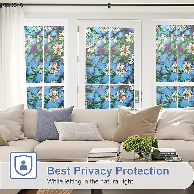 Window Privacy Film Stained Glass Window Films Day and Night, Static Cling Decorative Window Tinting Clings Door Covering for Home, Bathroom, Sun Blocking Decals Stickers (17.5" x78.7")