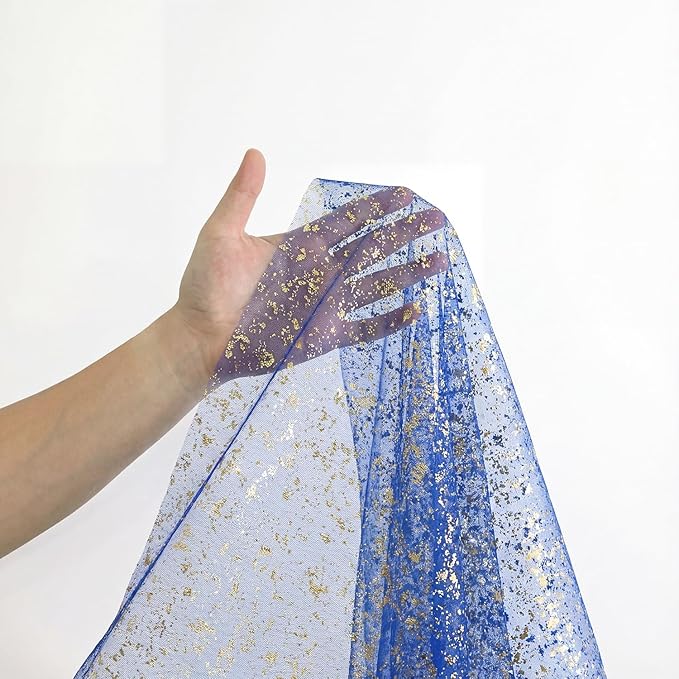 Horaldaily Royal Blue Gold Gauze Tablecloth 60x60 Inch Round, Golden Sequin Glitter Metallic Foil, Sheer Tulle Cheesecloth for Wedding Baby Shower Ceremony Birthday