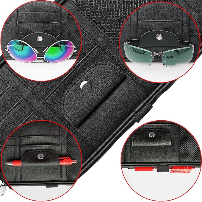 Da by Car Sun Visor Organizer, Multi-Pocket Visor Organizer Storage Pouch for Cars, SUVs & Trucks with Double Zippers, Elastic Bands & Glasses Clip - Organizes Essentials Keep Tidy (Black)