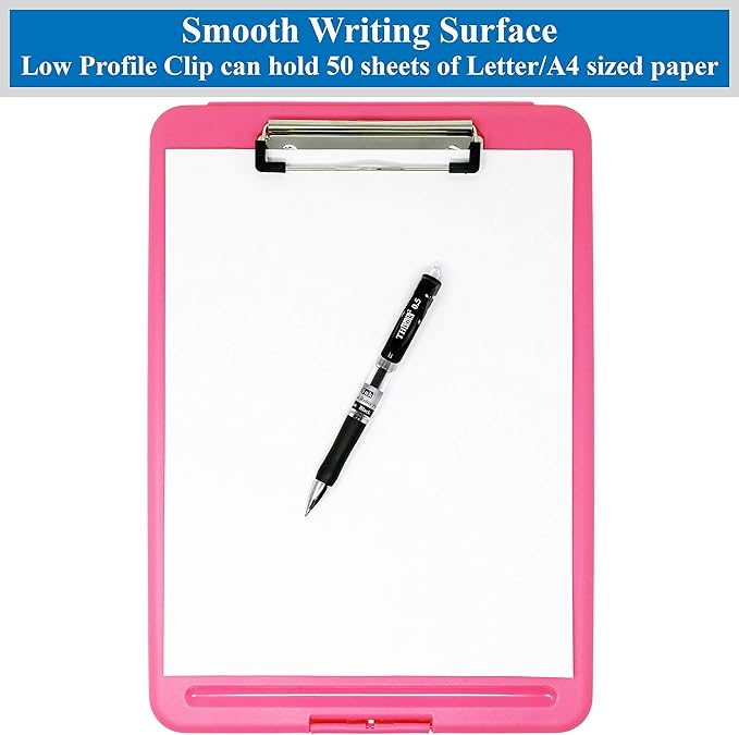 Think2Master [3 Pack] Pink Plastic Storage Clipboard. | 25% Heavier & Sturdier| Heavy Duty and Won’t Flex Like Other Brands (Compare The Weight). Storage Compartment Holds 150 Letter Sized Paper.
