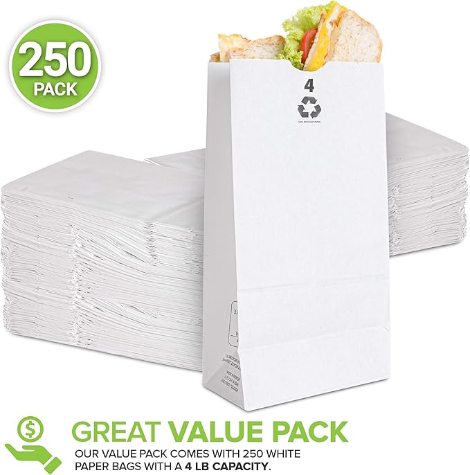 Stock Your Home 4 Lb White Paper Bags (250 Count) - Eco Friendly White Lunch Bags - Small White Paper Bags for Packing Lunch - Blank White Lunch Bags Paper for Arts & Crafts Projects