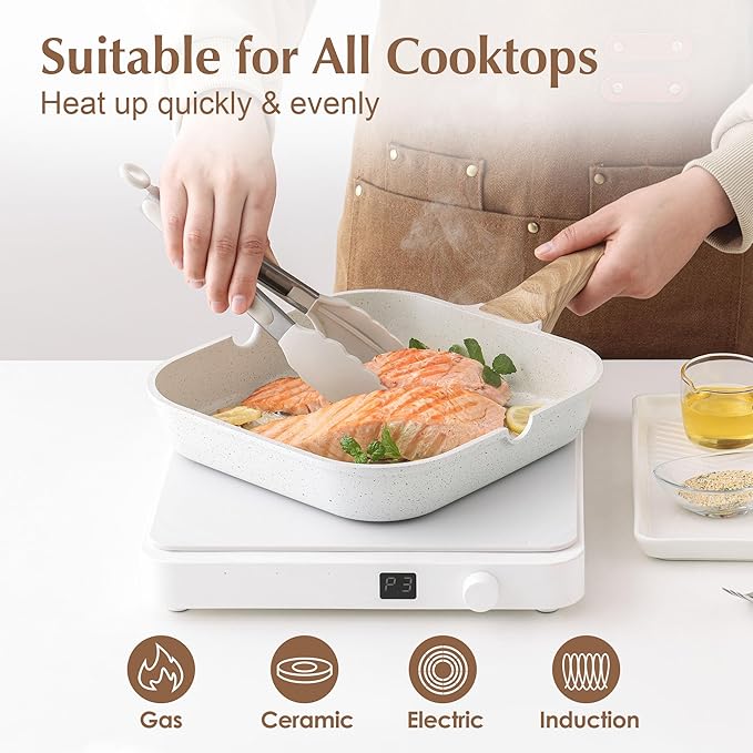 SENSARTE Nonstick Ceramic Grill Pan with Lid, Versatile Square Grilling Pan with Pour Spouts, Durable Grill Skillet for All Stoves(Gas,Electric,Induction) Non Toxic-PTFE,PFAS,PFOA Free, 9.5 Inch