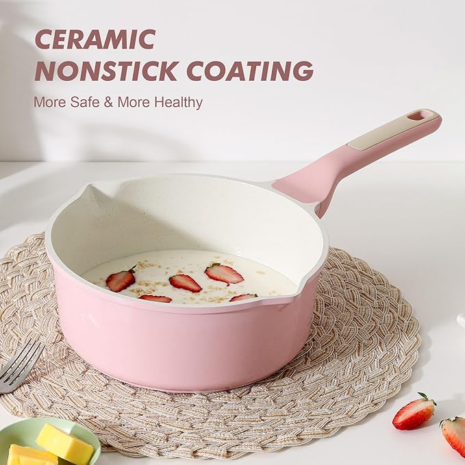 SENSARTE Ceramic Nonstick Saucepan with Double Pouring Spout 3.0 Quarts, Cooking Pot with Stay Cool Handle, Induction Compatible, Ceramic Coating, Free of Intentionally Added PFOA/PFAS, Pink